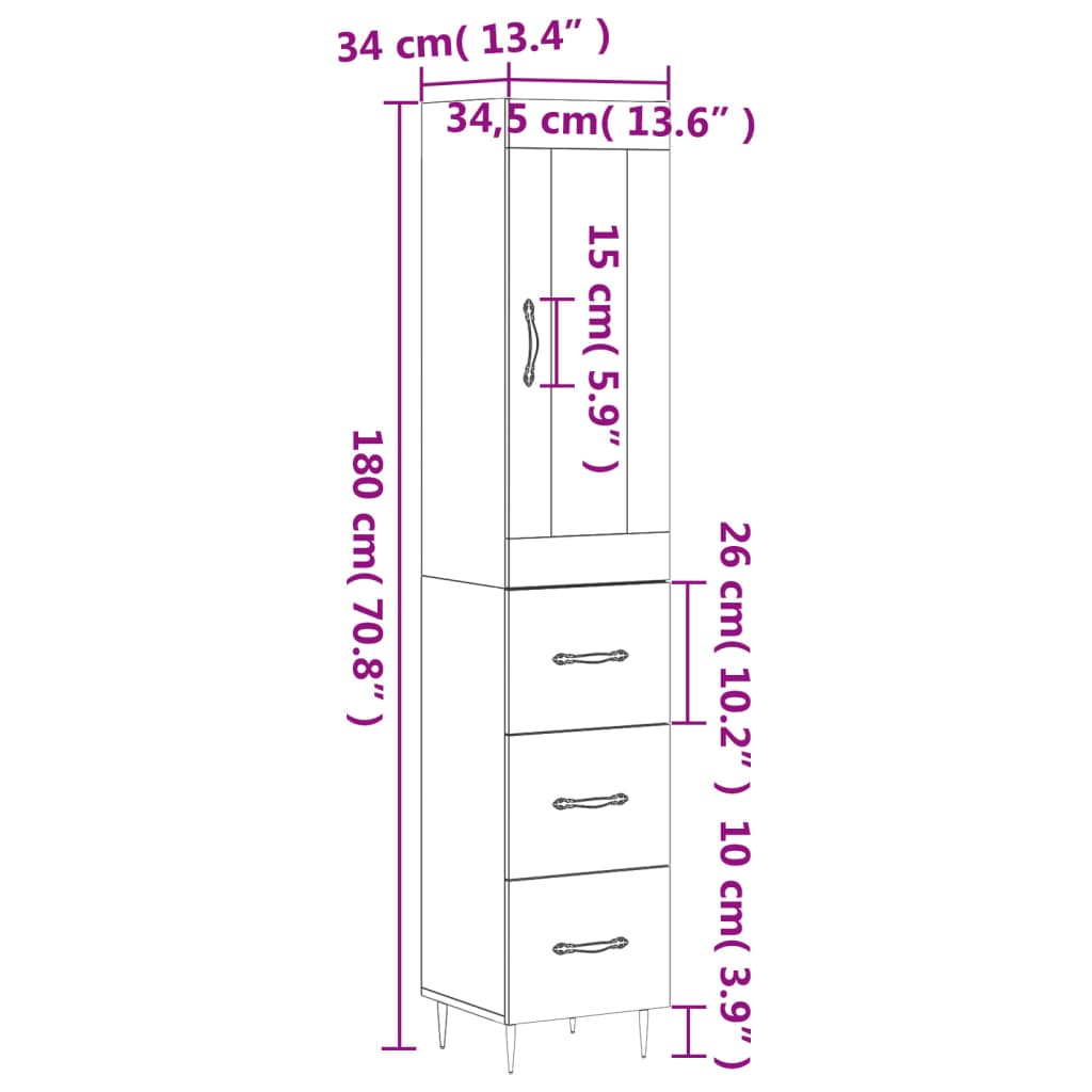 vidaXL Hoge kast 34,5x34x180 cm bewerkt hout bruin eikenkleur