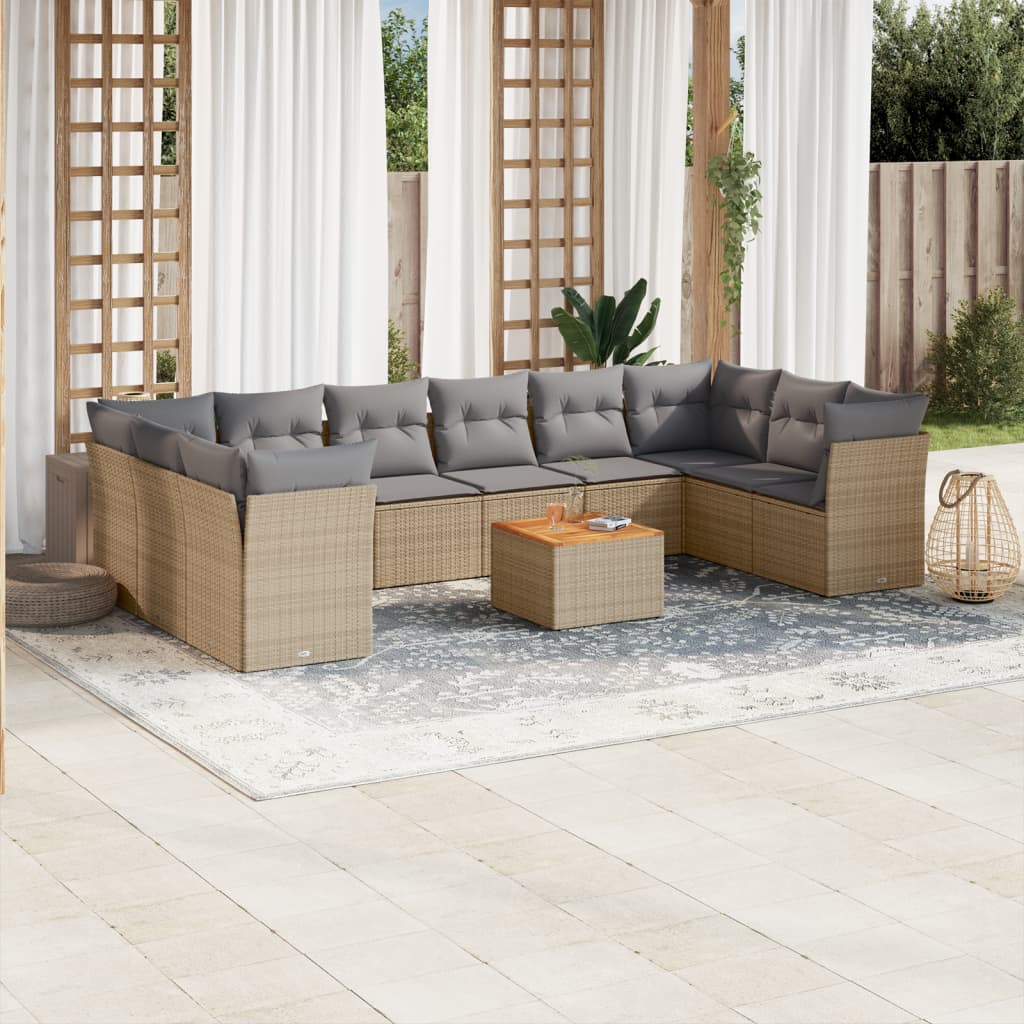 vidaXL 11-delige Loungeset met kussens poly rattan gemengd beige