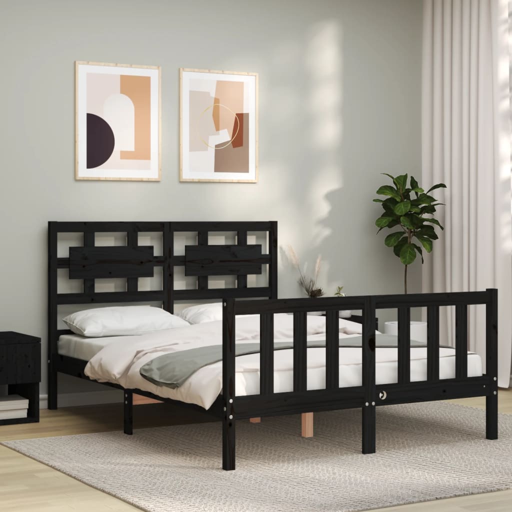 vidaXL Bedframe met hoofdbord massief hout zwart 140x190 cm