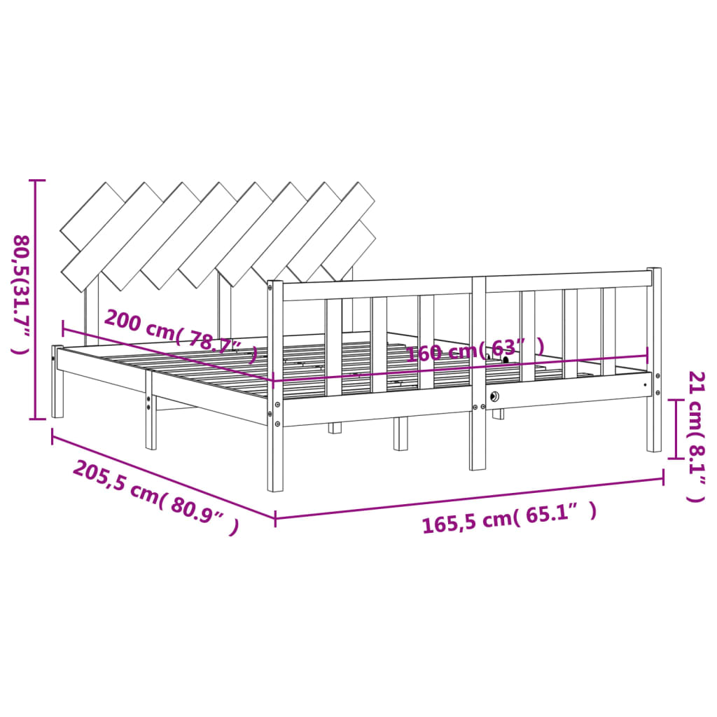 vidaXL Bedframe met hoofdbord massief hout 160x200 cm