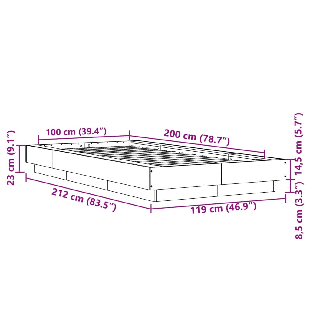 vidaXL Bedframe met LED-verlichting bruin eikenkleur 100x200 cm