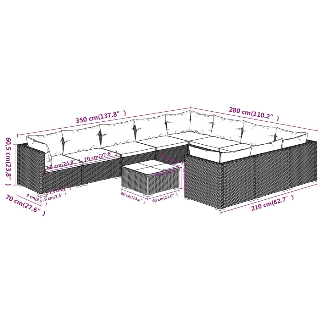 vidaXL 11-delige Loungeset met kussens poly rattan grijs