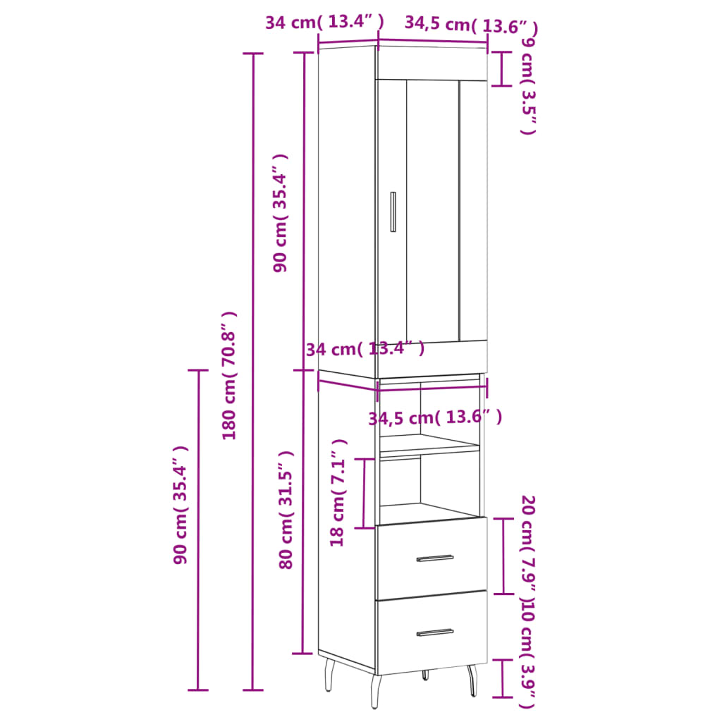 vidaXL Hoge kast 34,5x34x180 cm bewerkt hout bruin eikenkleur