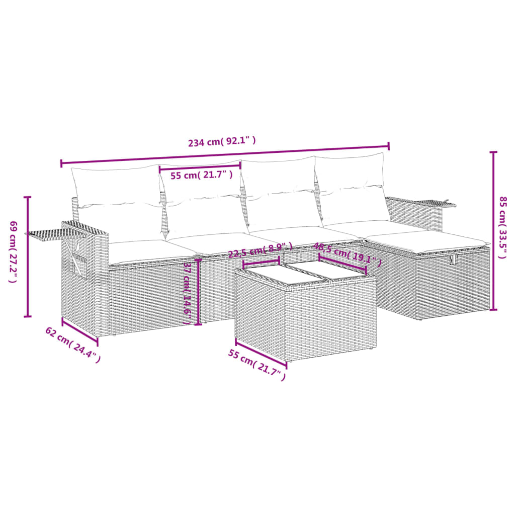 vidaXL 6-delige Loungeset met kussens poly rattan zwart