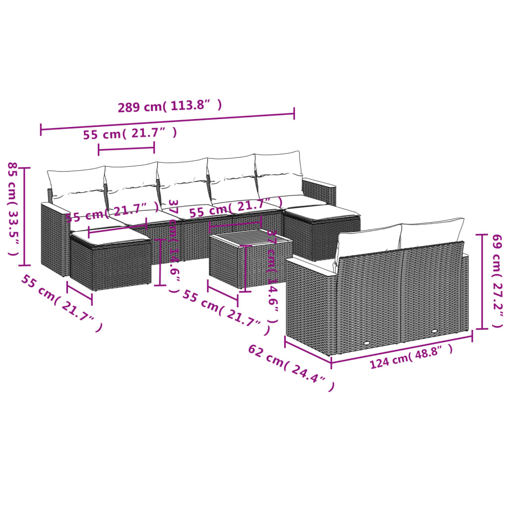 vidaXL 10-delige Loungeset met kussens poly rattan grijs