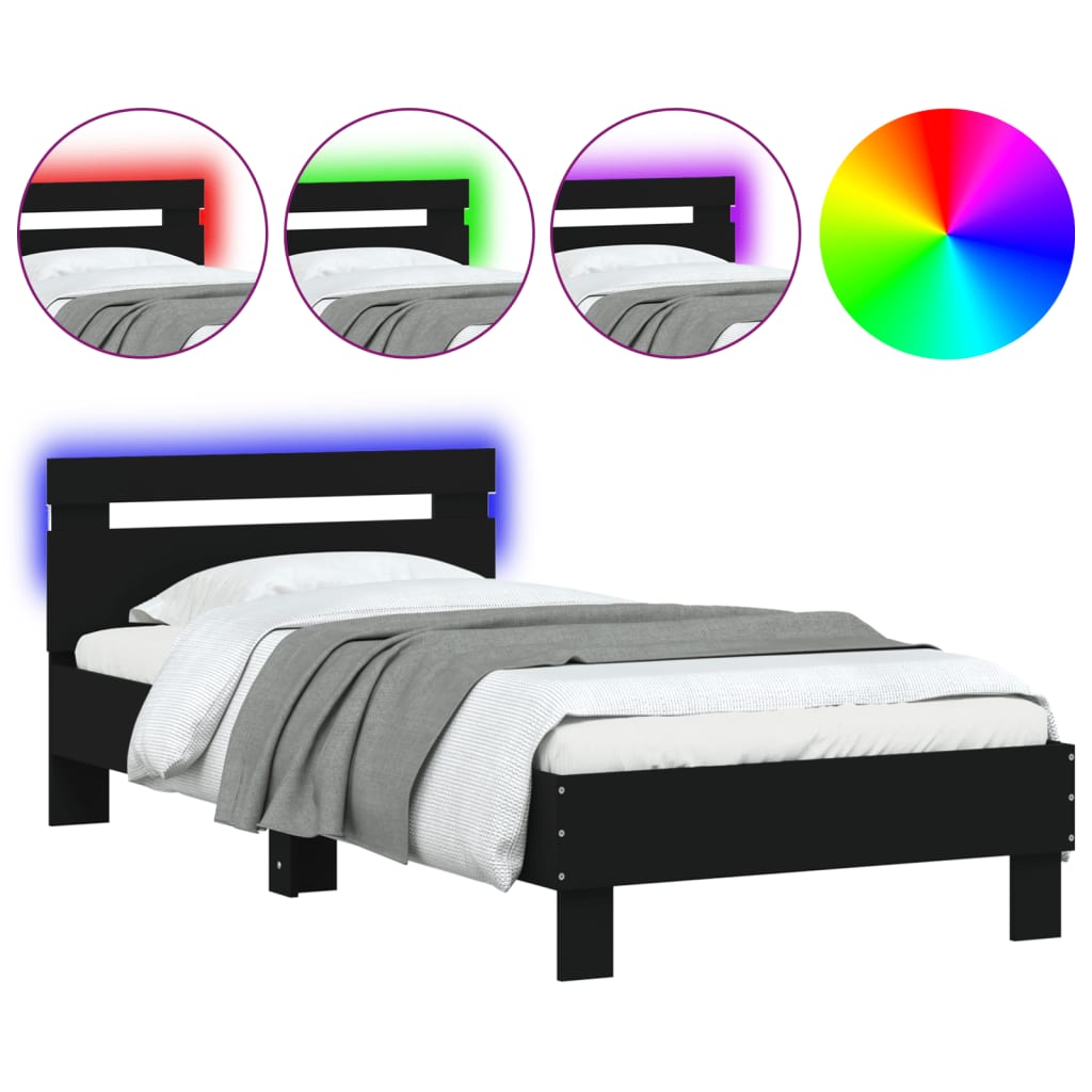 vidaXL Bedframe met hoofdbord en LED-verlichting zwart 90x200 cm