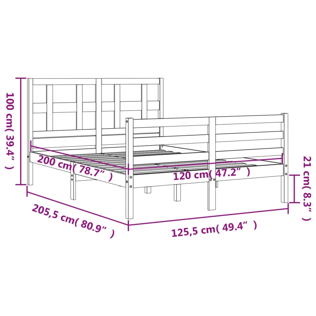 vidaXL Bedframe met hoofdbord massief hout 120x200 cm