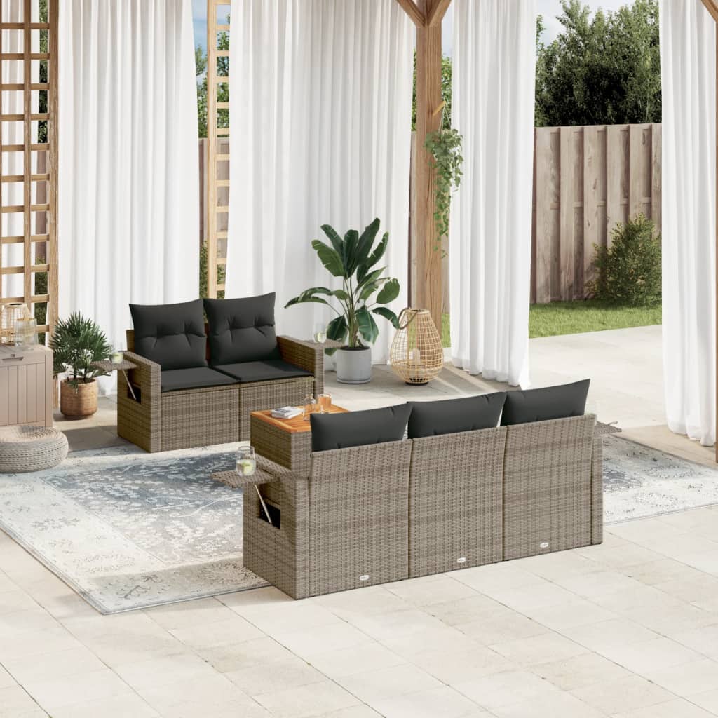 vidaXL 6-delige Loungeset met kussens poly rattan grijs