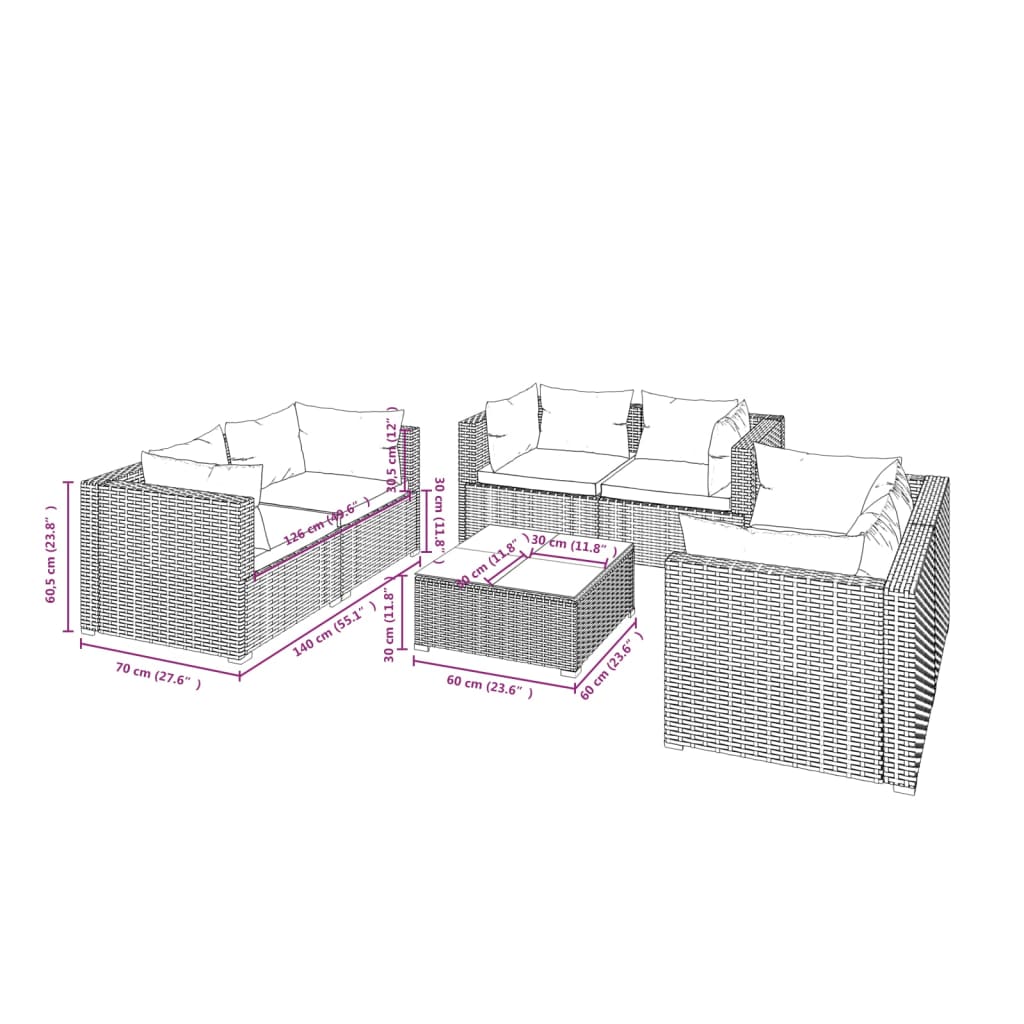 vidaXL 7-delige Loungeset met kussens poly rattan zwart