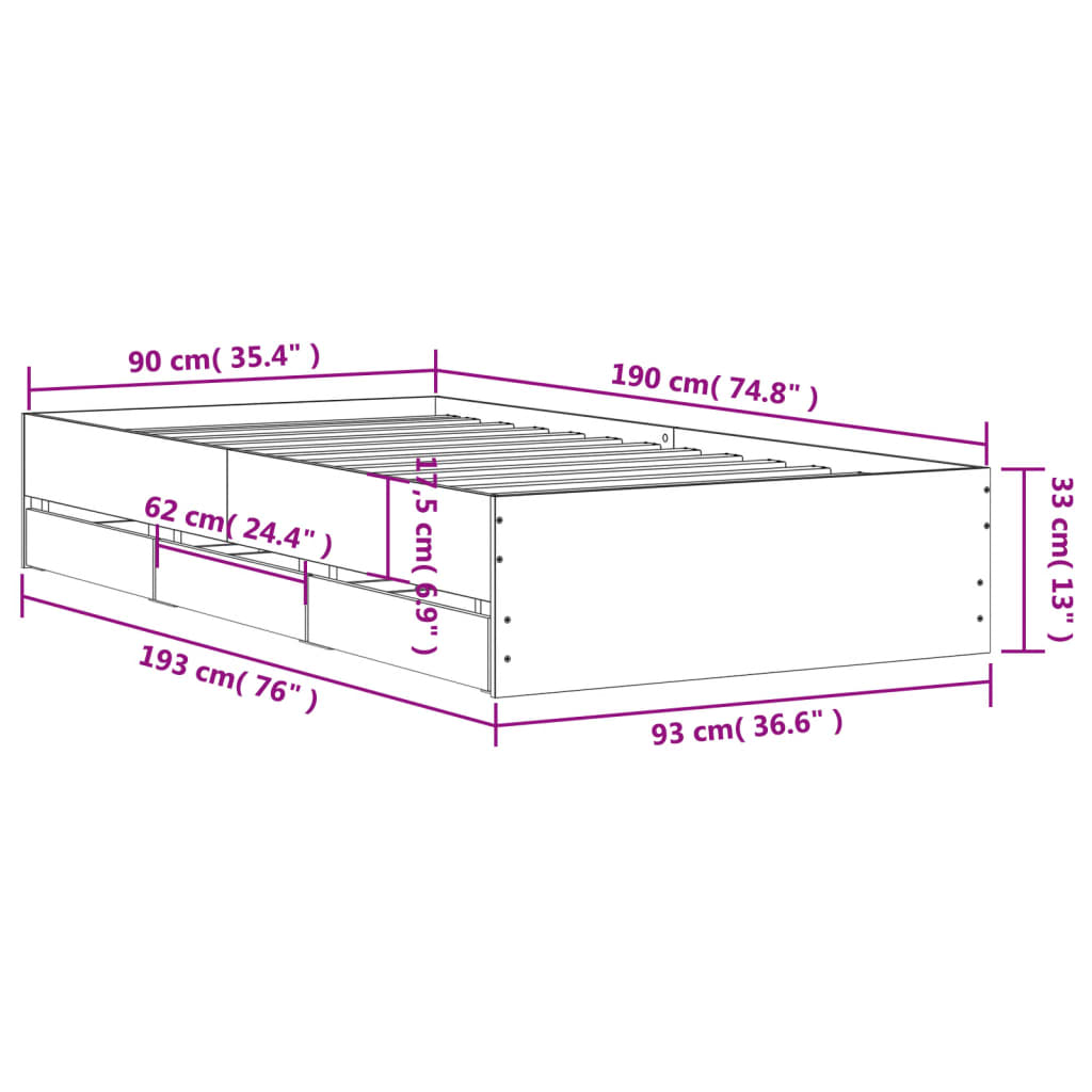 vidaXL Bedframe met lades bewerkt hout grijs sonoma eiken 90x190 cm