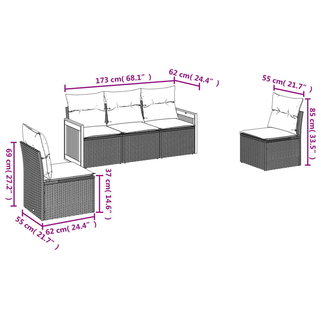 vidaXL 5-delige Loungeset met kussens poly rattan beige