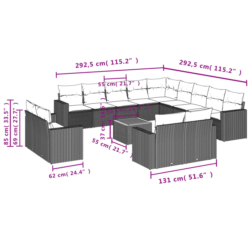 vidaXL 14-delige Loungeset met kussens poly rattan zwart