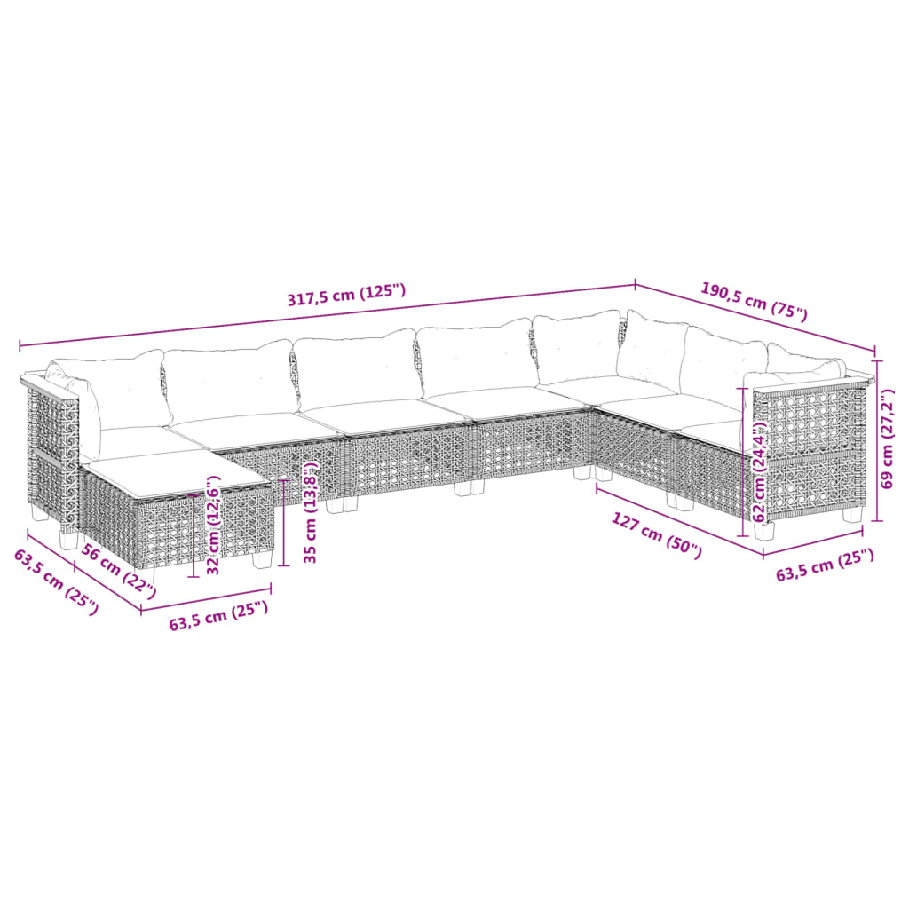 vidaXL 8-delige Loungeset met kussens poly rattan zwart