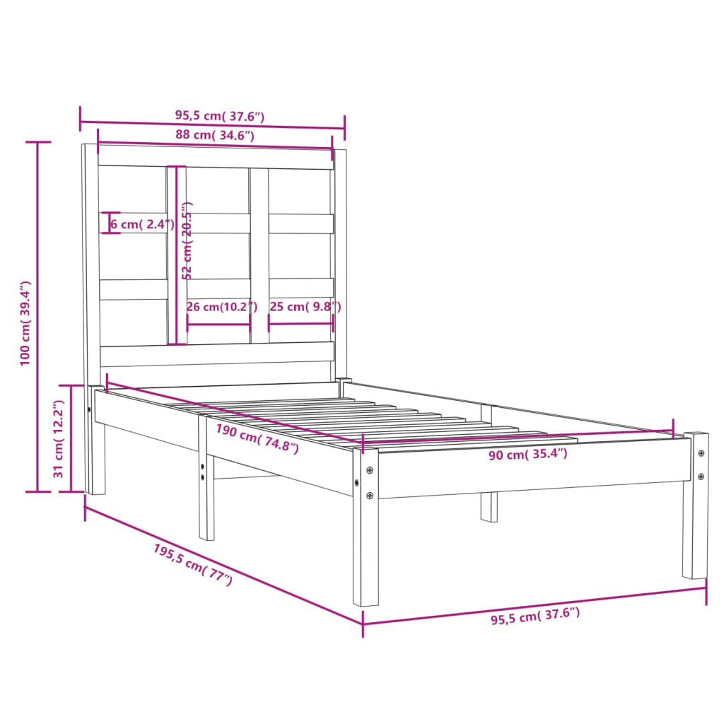 vidaXL Bedframe massief hout zwart 90x190 cm