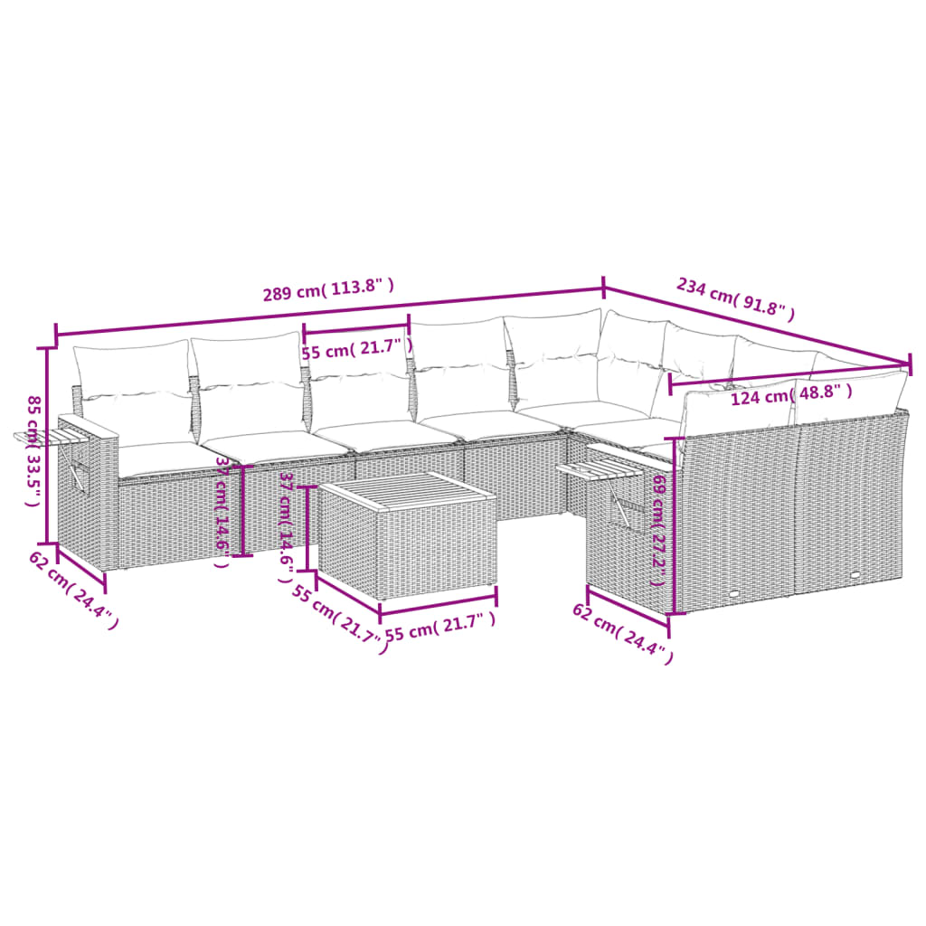 vidaXL 10-delige Loungeset met kussens poly rattan beige