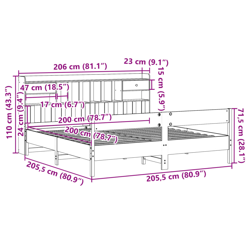 vidaXL Bed met boekenkast zonder matras grenenhout wasbruin 200x200 cm