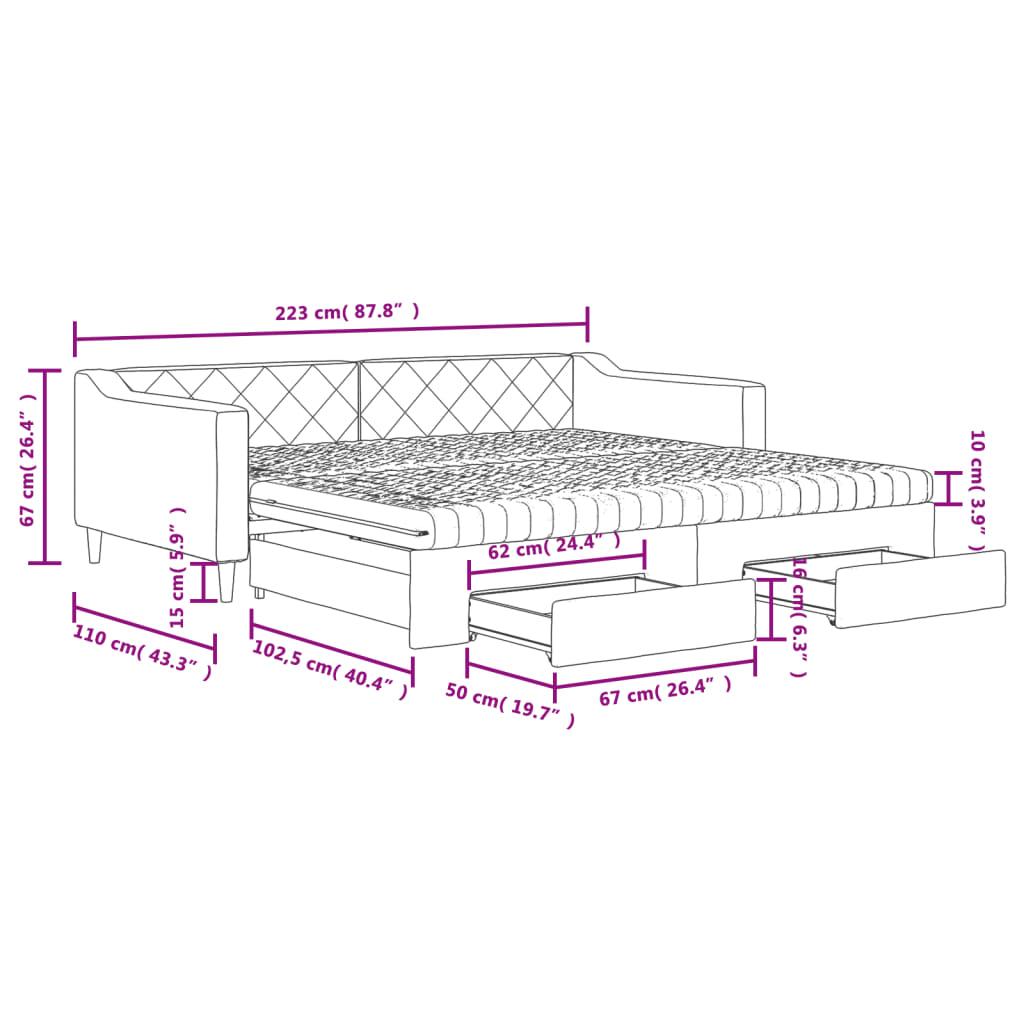 vidaXL Slaapbank met onderschuifbed en lades 100x200 cm stof crème