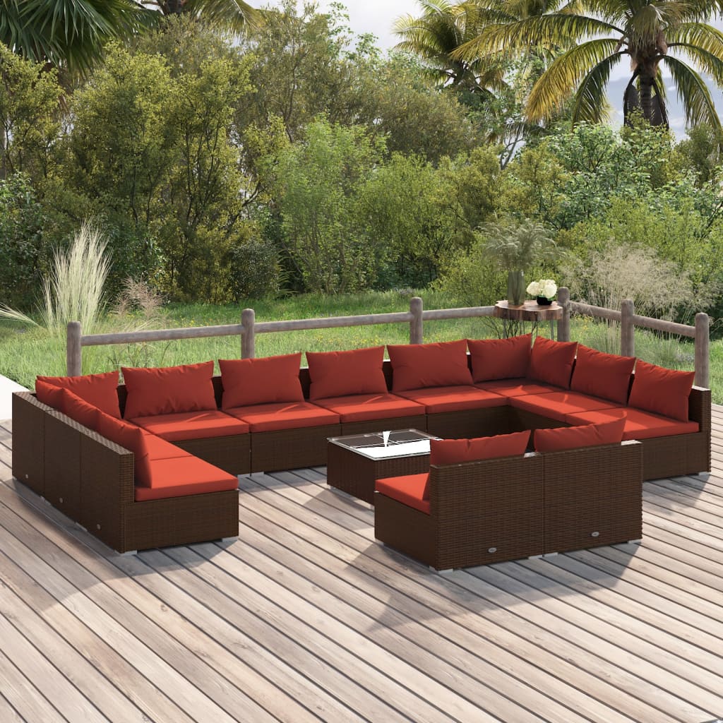 vidaXL 13-delige Loungeset met kussens poly rattan bruin