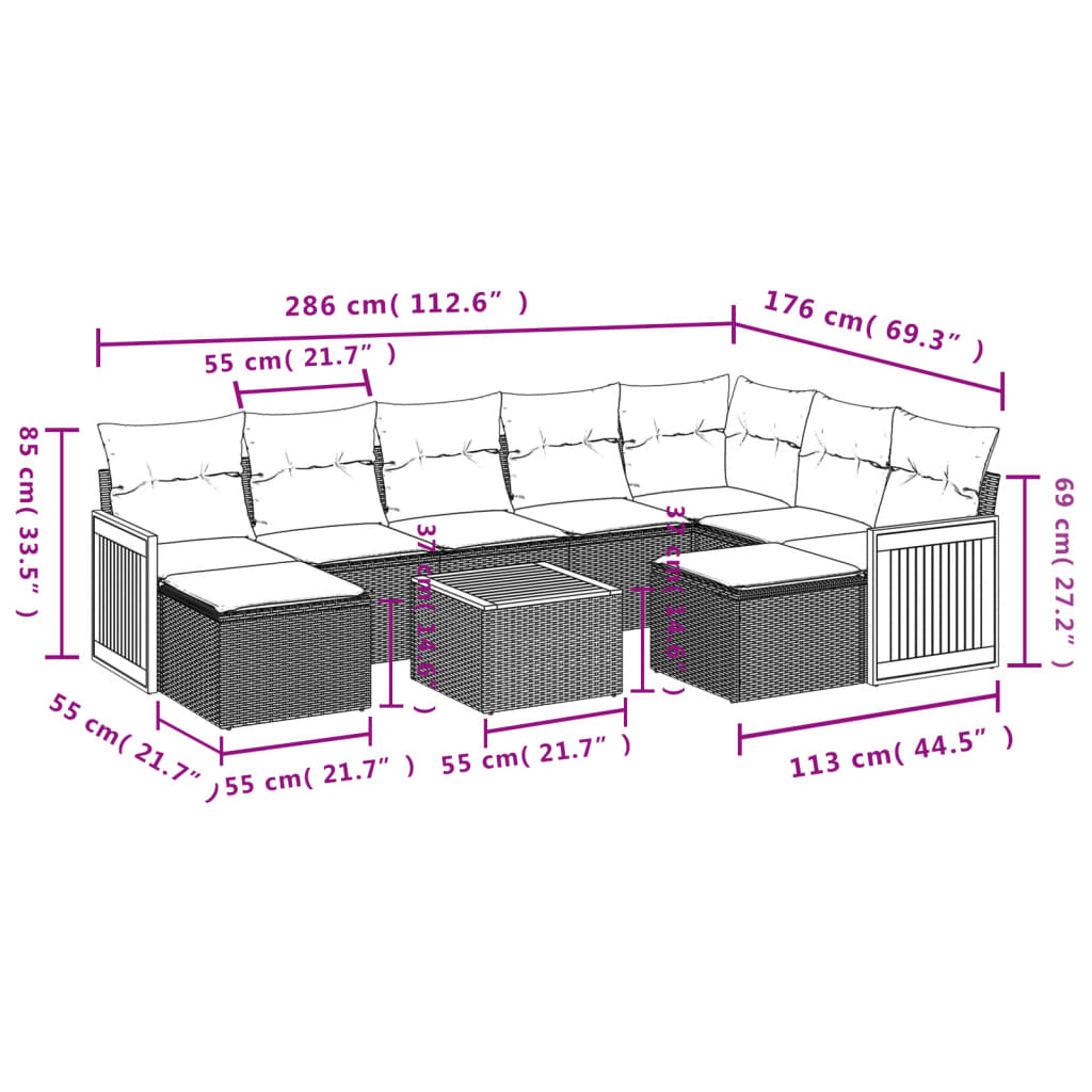 vidaXL 10-delige Loungeset met kussens poly rattan grijs