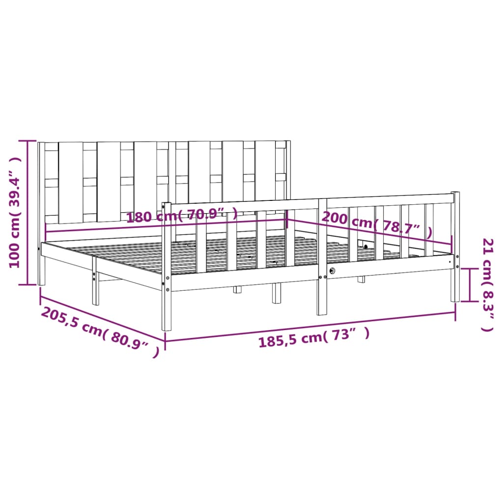 vidaXL Bedframe met hoofdbord massief hout wit 180x200 cm