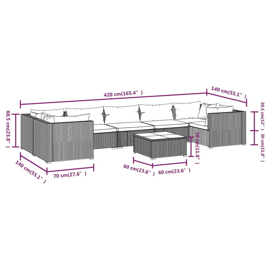 vidaXL 8-delige Loungeset met kussens poly rattan bruin