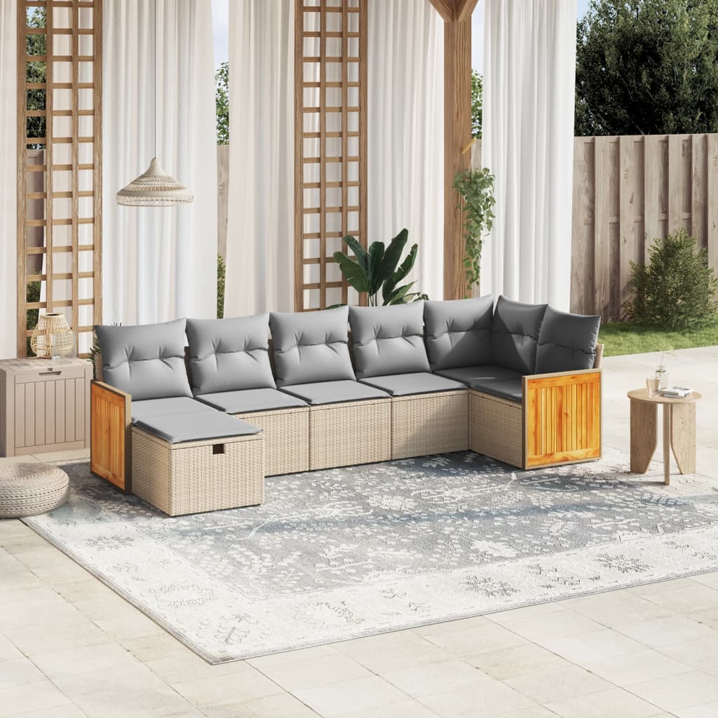 vidaXL 7-delige Loungeset met kussens poly rattan gemengd beige