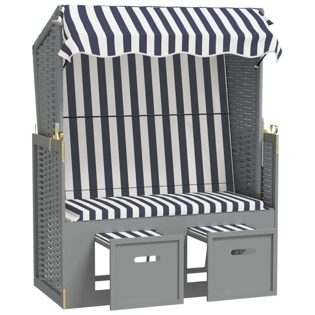 vidaXL Strandstoel met luifel poly rattan en massief hout blauw en wit