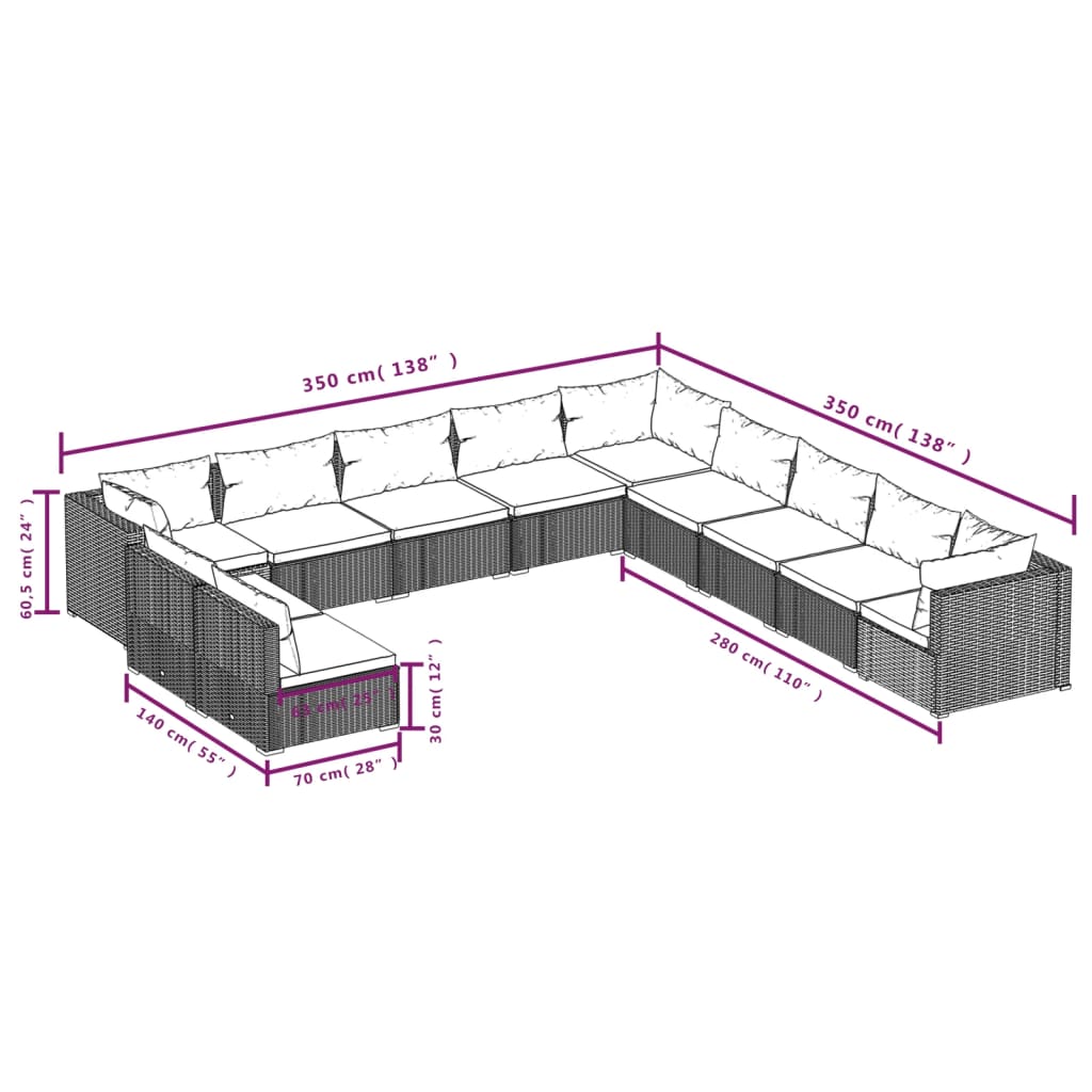 vidaXL 11-delige Loungeset met kussens poly rattan grijs