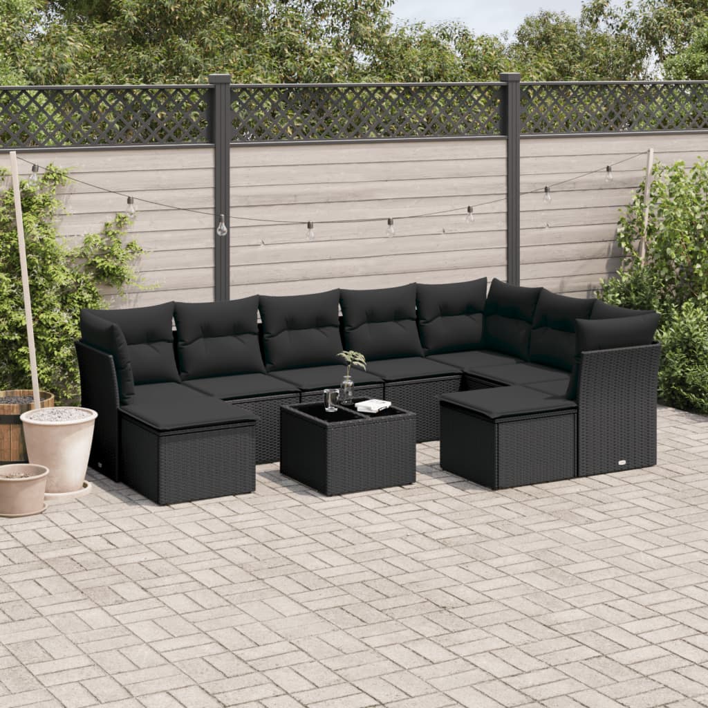 vidaXL 10-delige Loungeset met kussens poly rattan zwart