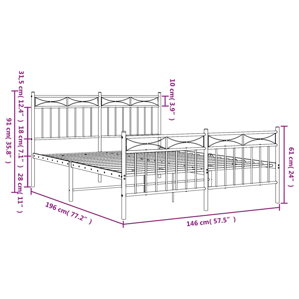 vidaXL Bedframe met hoofd- en voeteneinde metaal zwart 140x190 cm