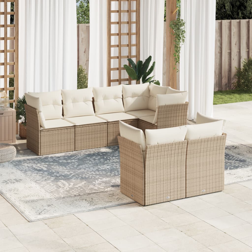 vidaXL 7-delige Loungeset met kussens poly rattan beige