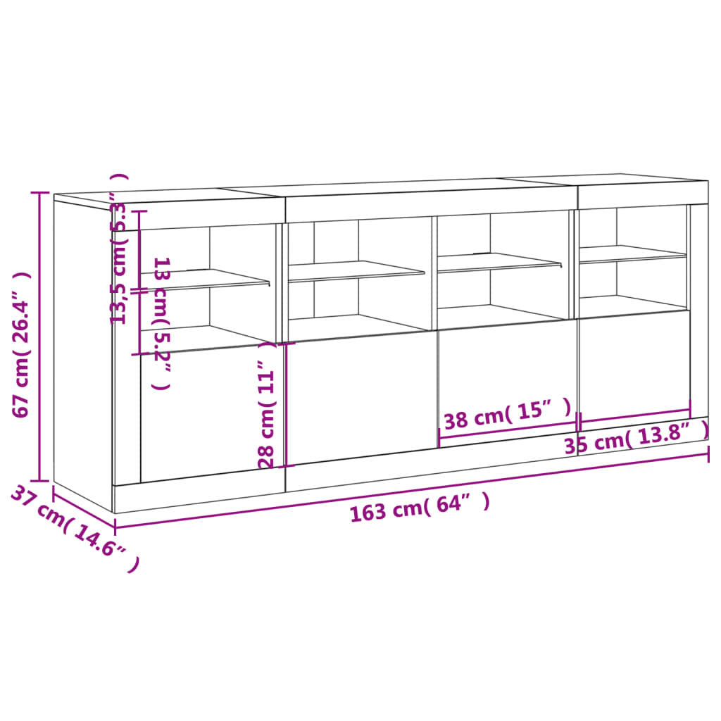 vidaXL Dressoir met LED-verlichting 163x37x67 cm wit