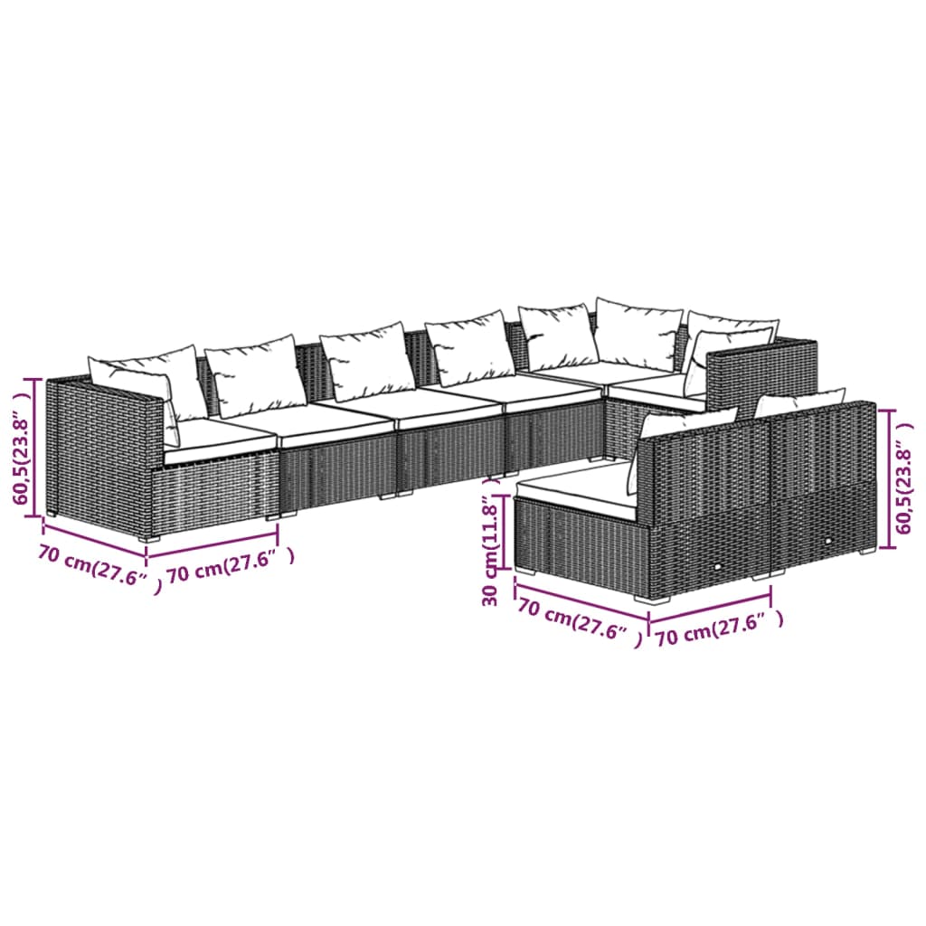 vidaXL 8-delige Loungeset met kussens poly rattan zwart