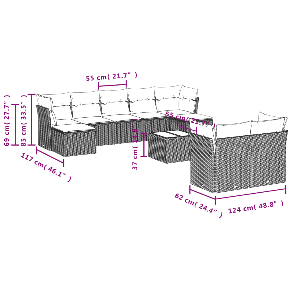 vidaXL 10-delige Loungeset met kussens poly rattan beige