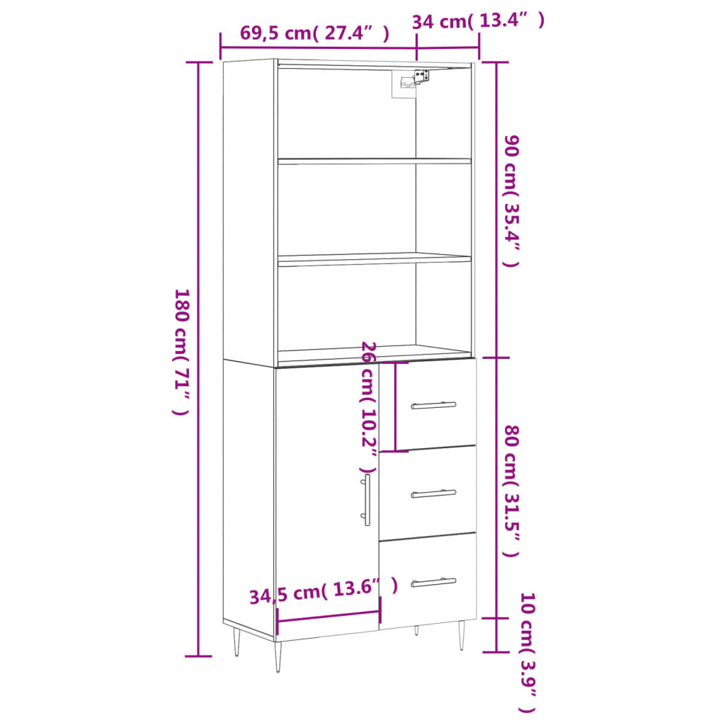 vidaXL Hoge kast 69,5x34x180 cm bewerkt hout bruin eikenkleur