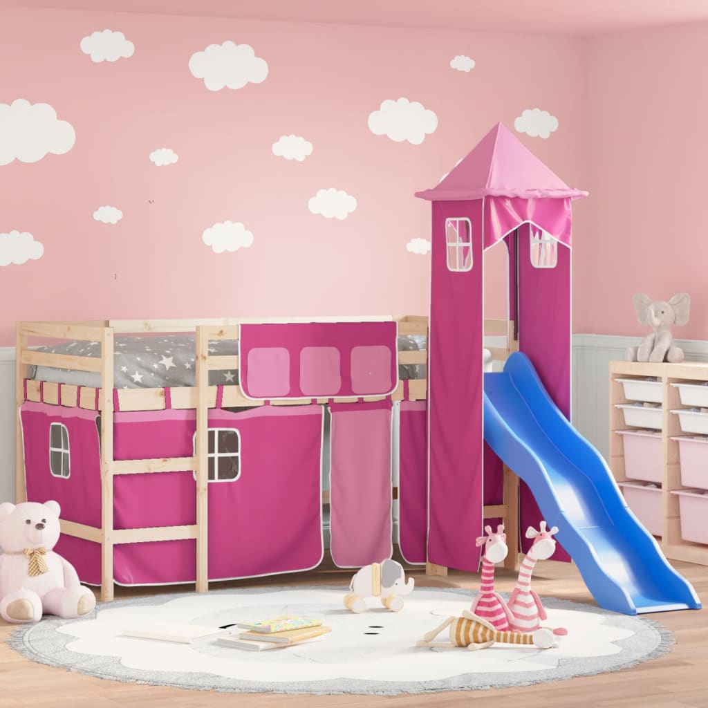 vidaXL Kinderhoogslaper met toren 90x190 cm massief grenenhout roze