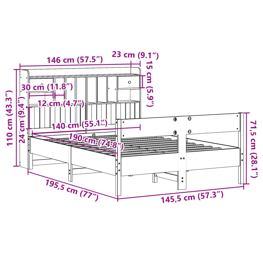 vidaXL Bed met boekenkast zonder matras grenenhout wasbruin 140x190 cm