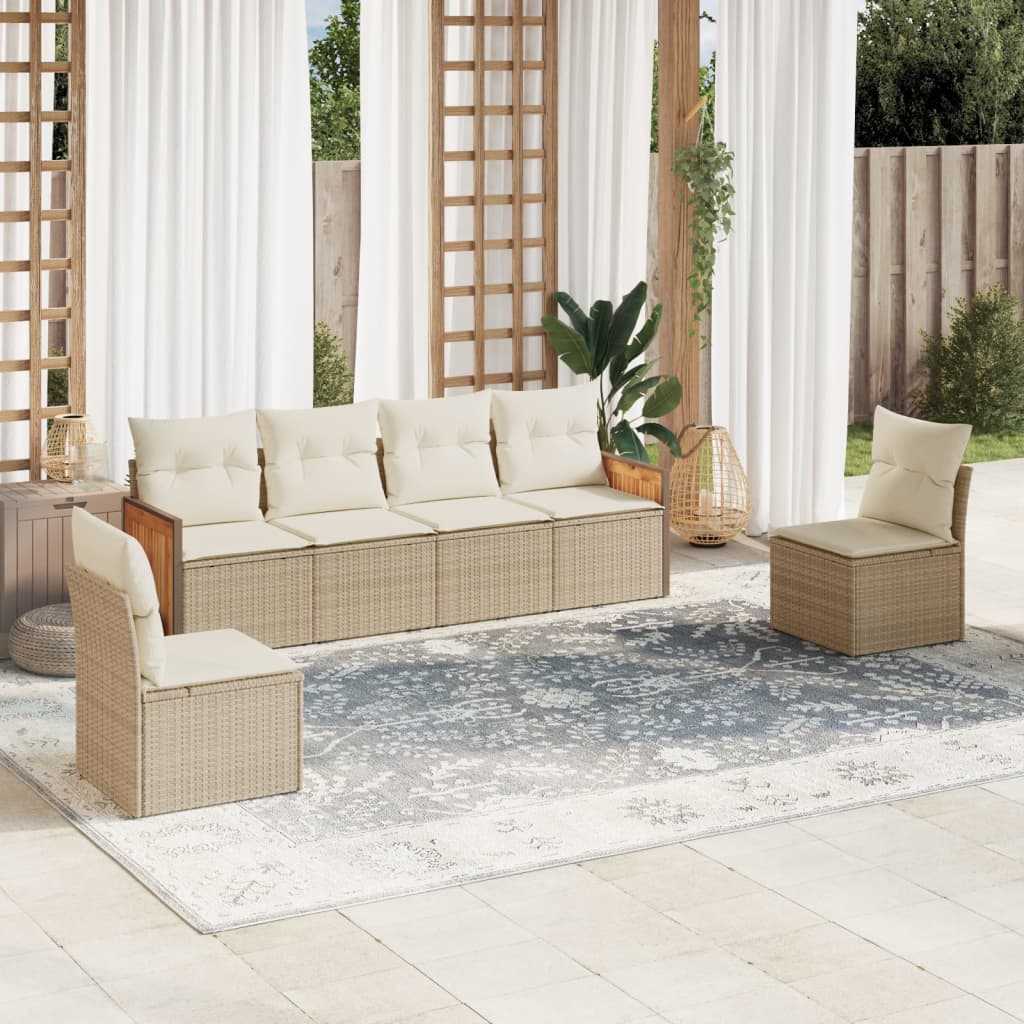 vidaXL 6-delige Loungeset met kussens poly rattan beige