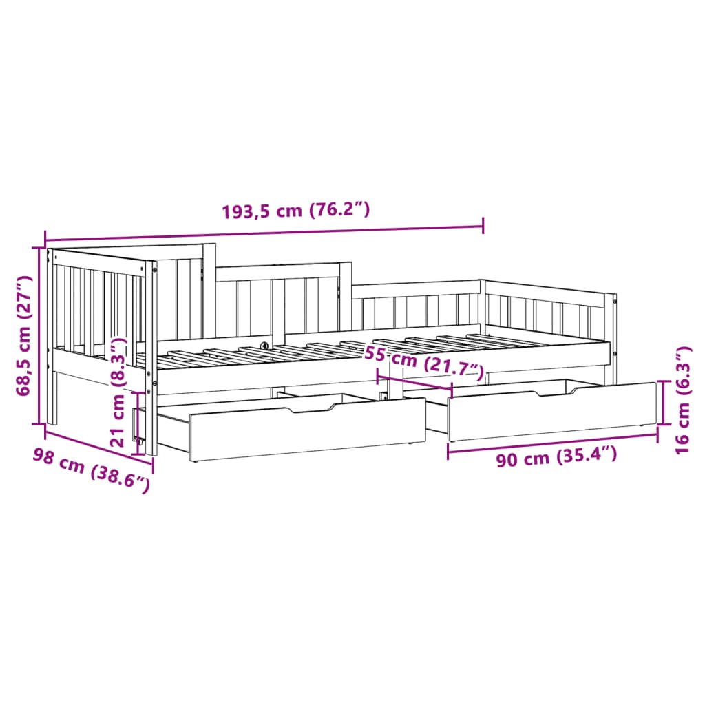 vidaXL Slaapbank met lades 90x200 cm massief grenenhout wit