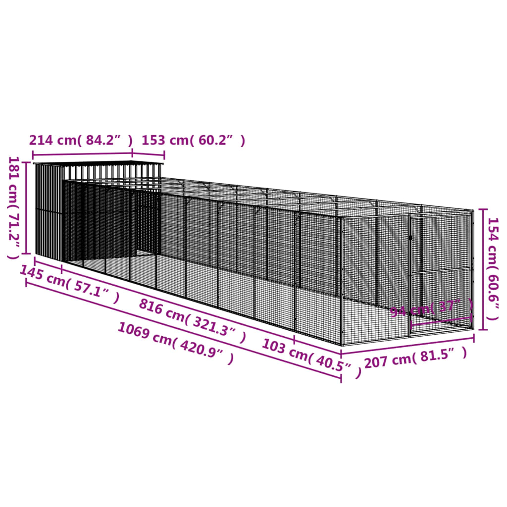 vidaXL Hondenhok met ren 214x1069x181 cm staal antraciet