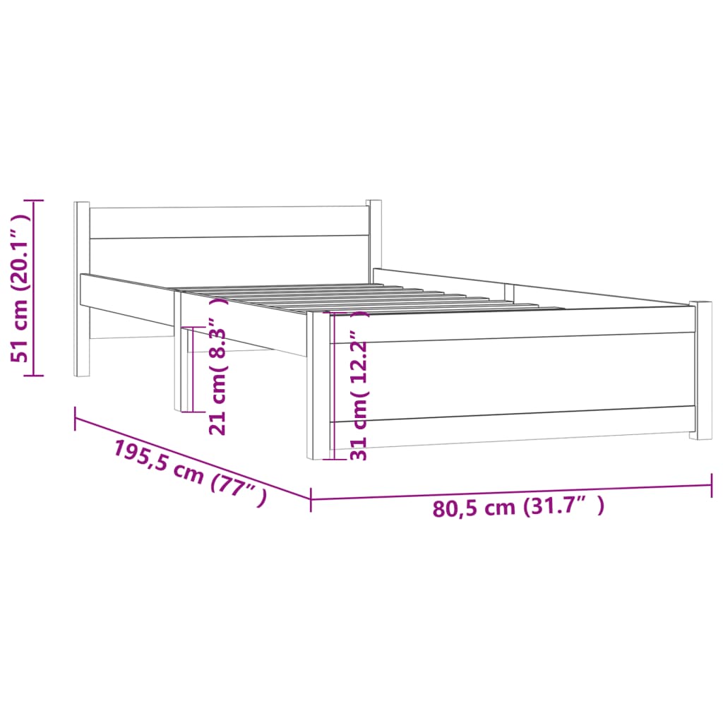 vidaXL Bedframe massief hout honingbruin 75x190 cm