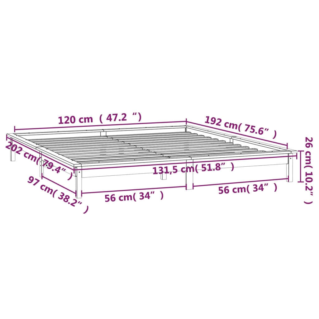 vidaXL Bedframe LED massief hout zwart 120x190 cm