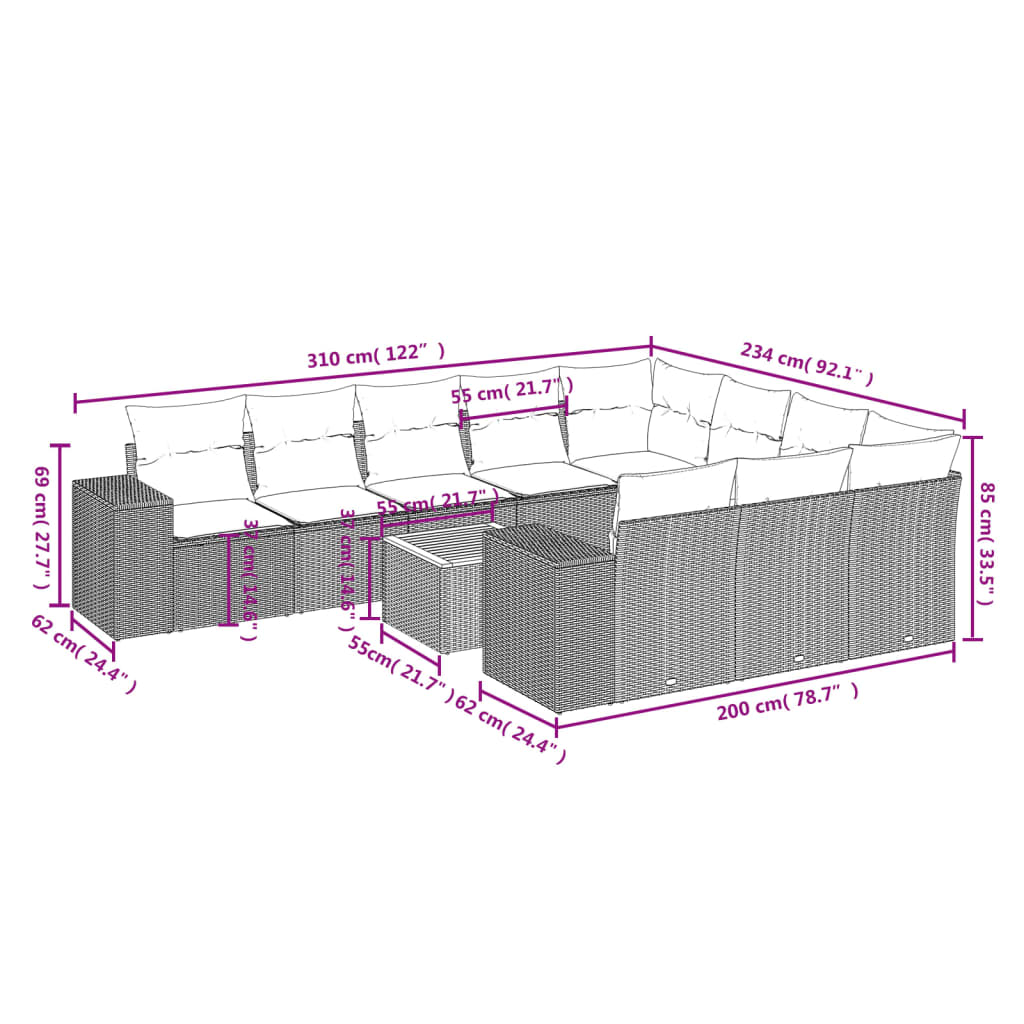 vidaXL 11-delige Tuinset met kussens poly rattan beige