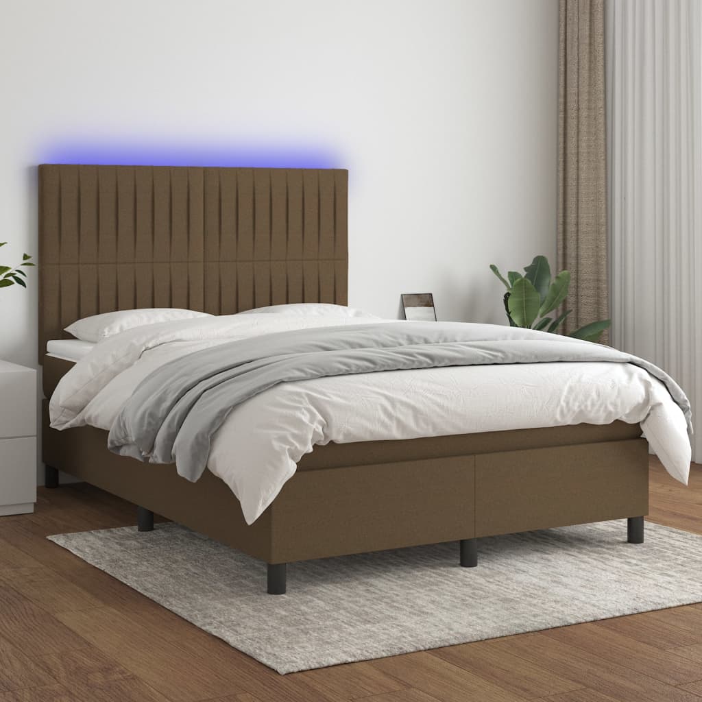 vidaXL Boxspring met matras en LED stof donkerbruin 140x200 cm