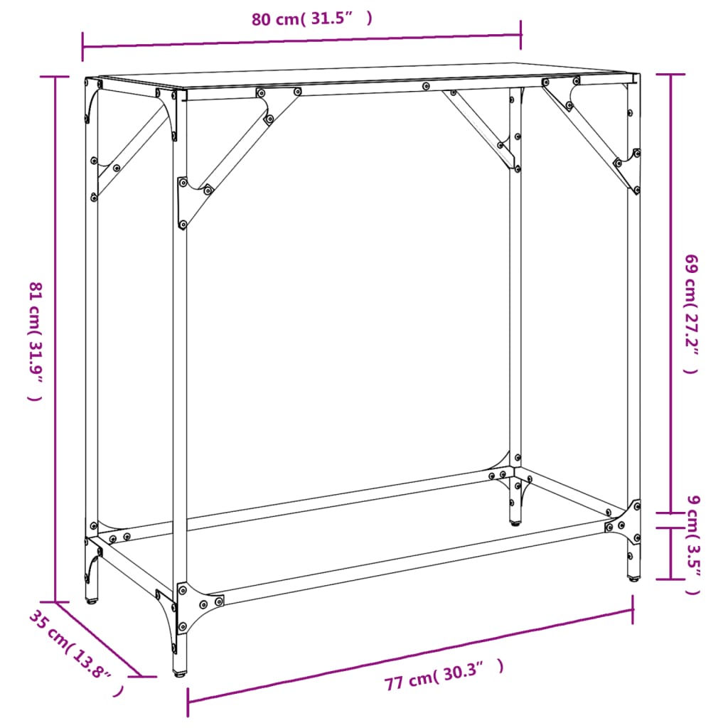 vidaXL Wandtafel met zwart glazen blad 60x35x81 cm staal