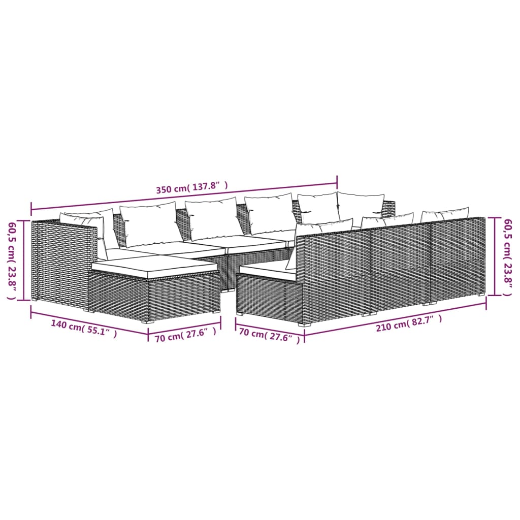 vidaXL 10-delige Loungeset met kussens poly rattan zwart