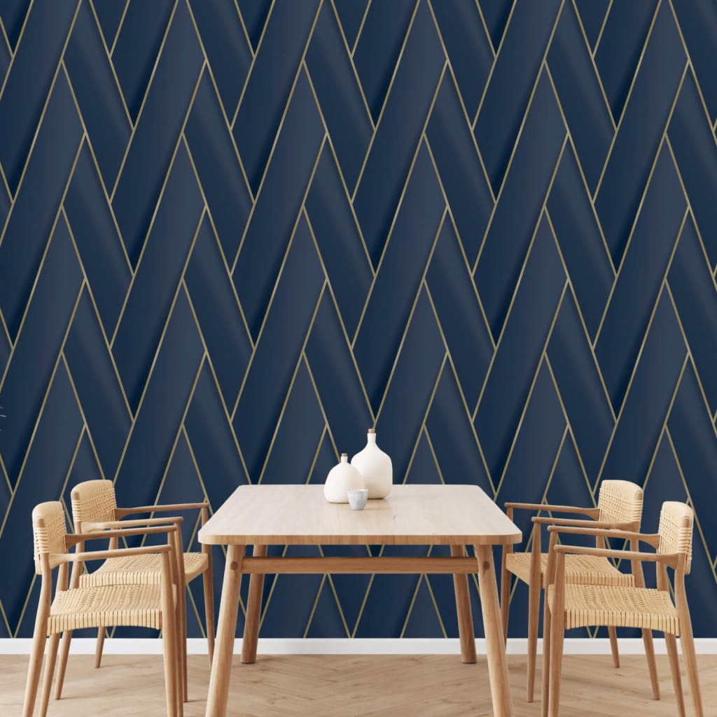 DUTCH WALLCOVERINGS Behang Geometric blauw en goudkleurig