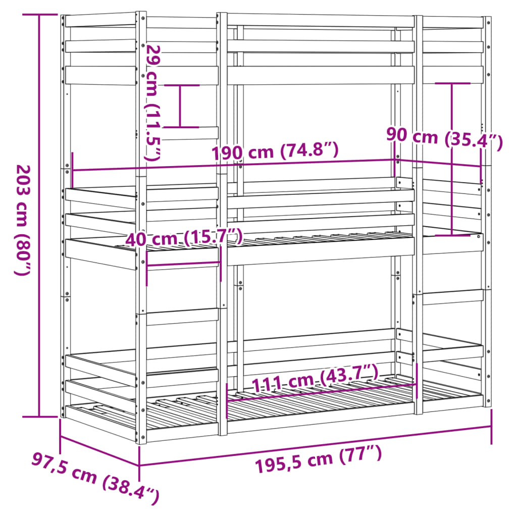 vidaXL Stapelbed 3-persoons massief grenenhout wasbruin 90x190 cm