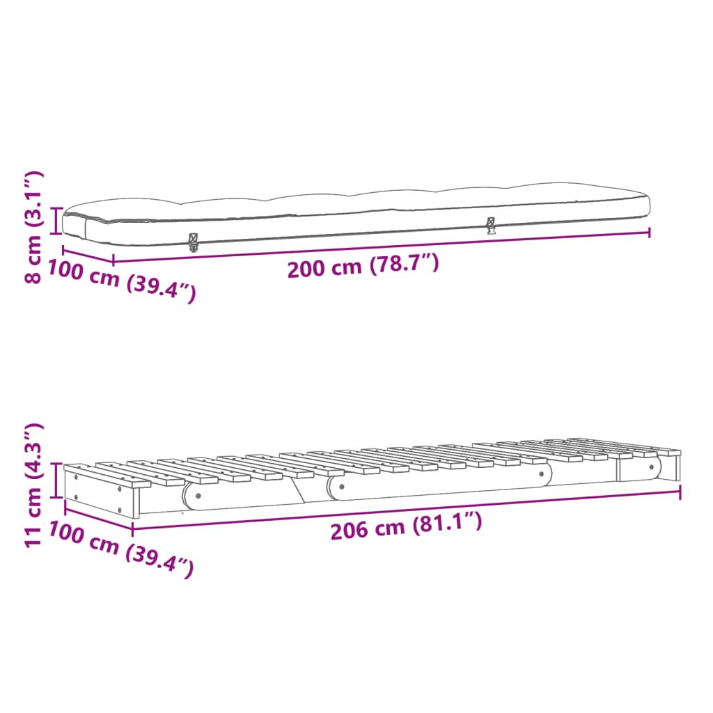 vidaXL Futon slaapbank met matras 100x206x11 cm massief grenenhout wit