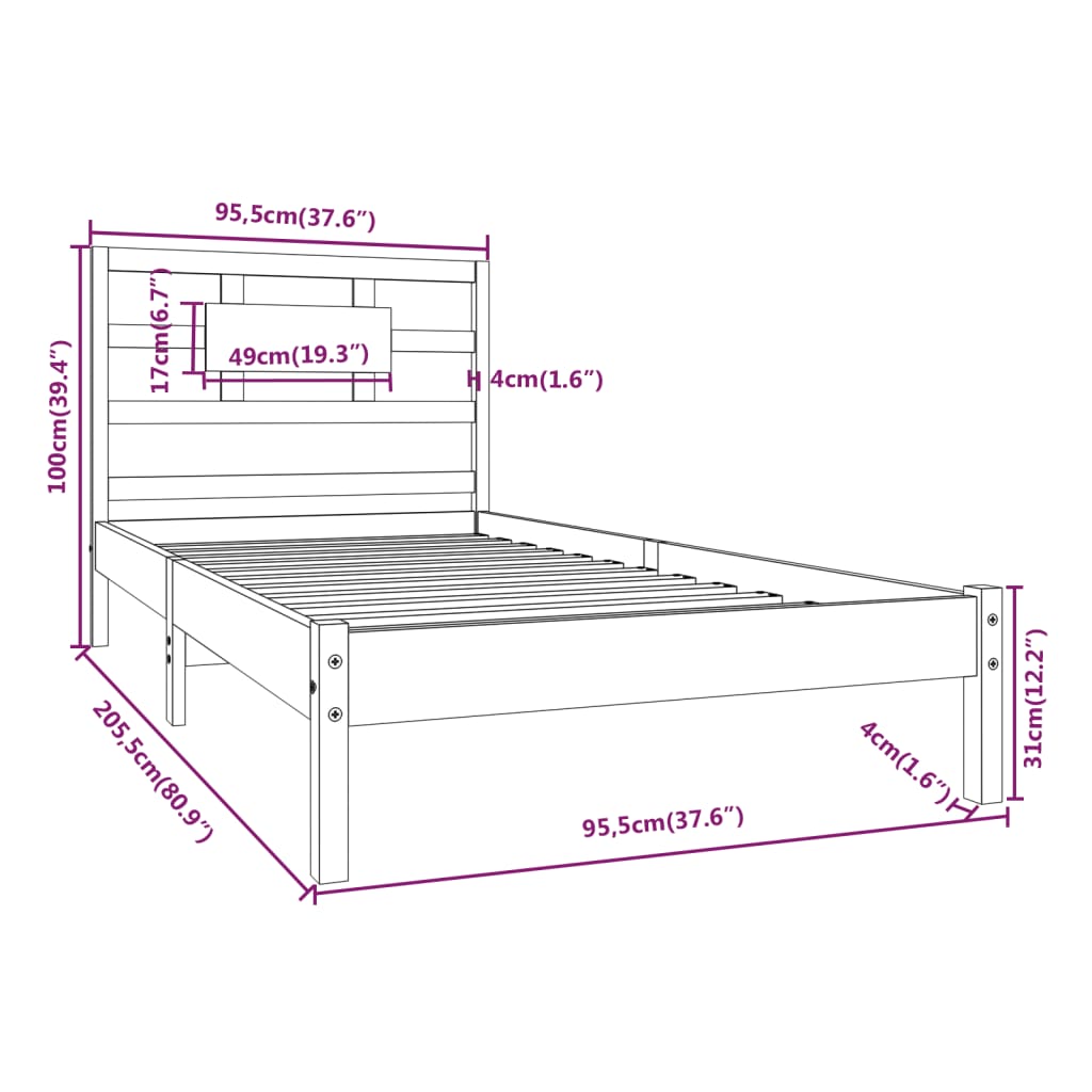 vidaXL Bedframe massief hout wit 90x200 cm